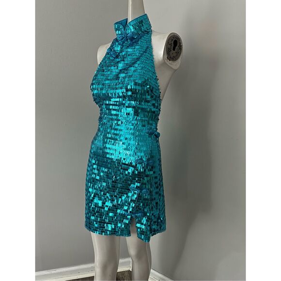 NWT Sau Lee Sequins Sleeveless Open Back Mae Mini Dress Peacock Blue Size 0 $395 - Picture 6 of 12